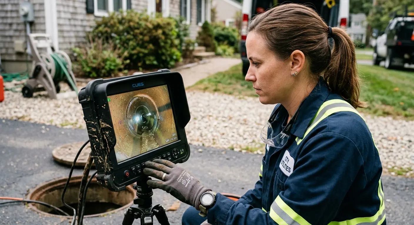 Technician reviewing sewer camera inspection footage in La Mesa