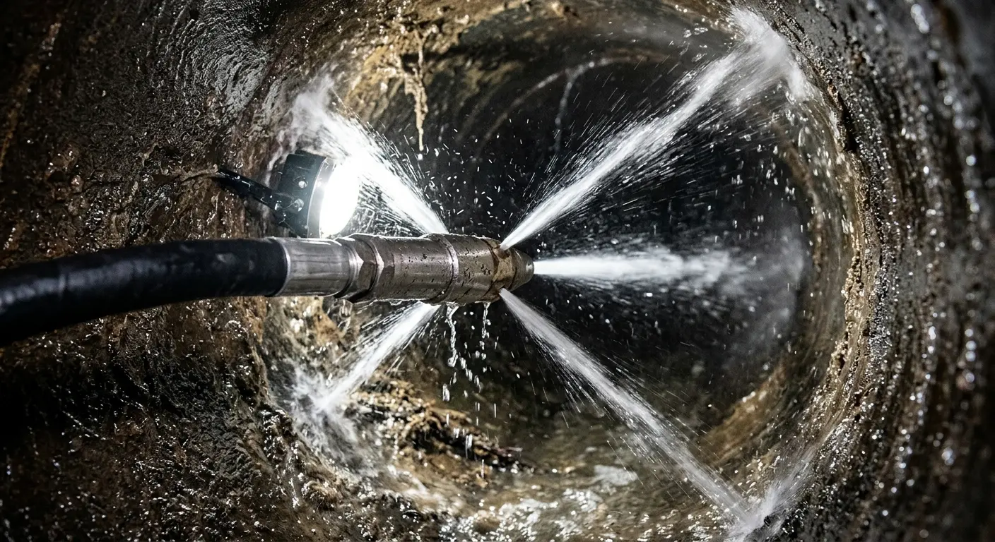 High-pressure hydro jetting nozzle cleaning sewer pipe for Storm Drain Cleaning in La Mesa