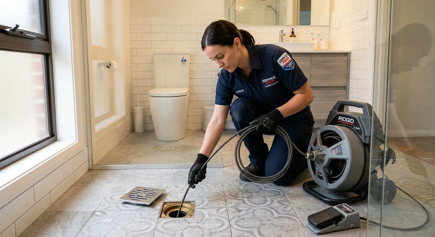 Technician clearing a bathroom floor drain for Drain Cleaning in La Mesa